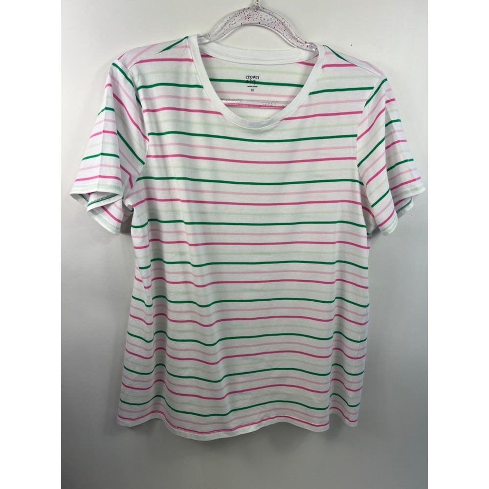 Crown‎ & Ivy Top Women's Sz 1X White Multi Stripe Short Sleeve Scoop Neck